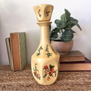 Vintage Yellow Decanter with Floral Motifs Faceted Body Glass Bottom Barware